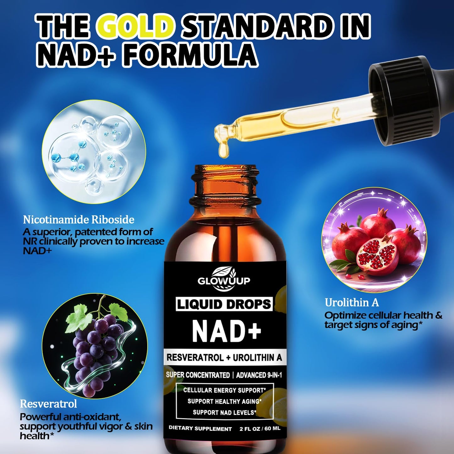 NAD+ Liquid Drops with Urolithin A – Extra Strength Liposomal NAD Supplement for Women & Men | CoQ10, Resveratrol, Alpha Lipoic Acid & Astaxanthin