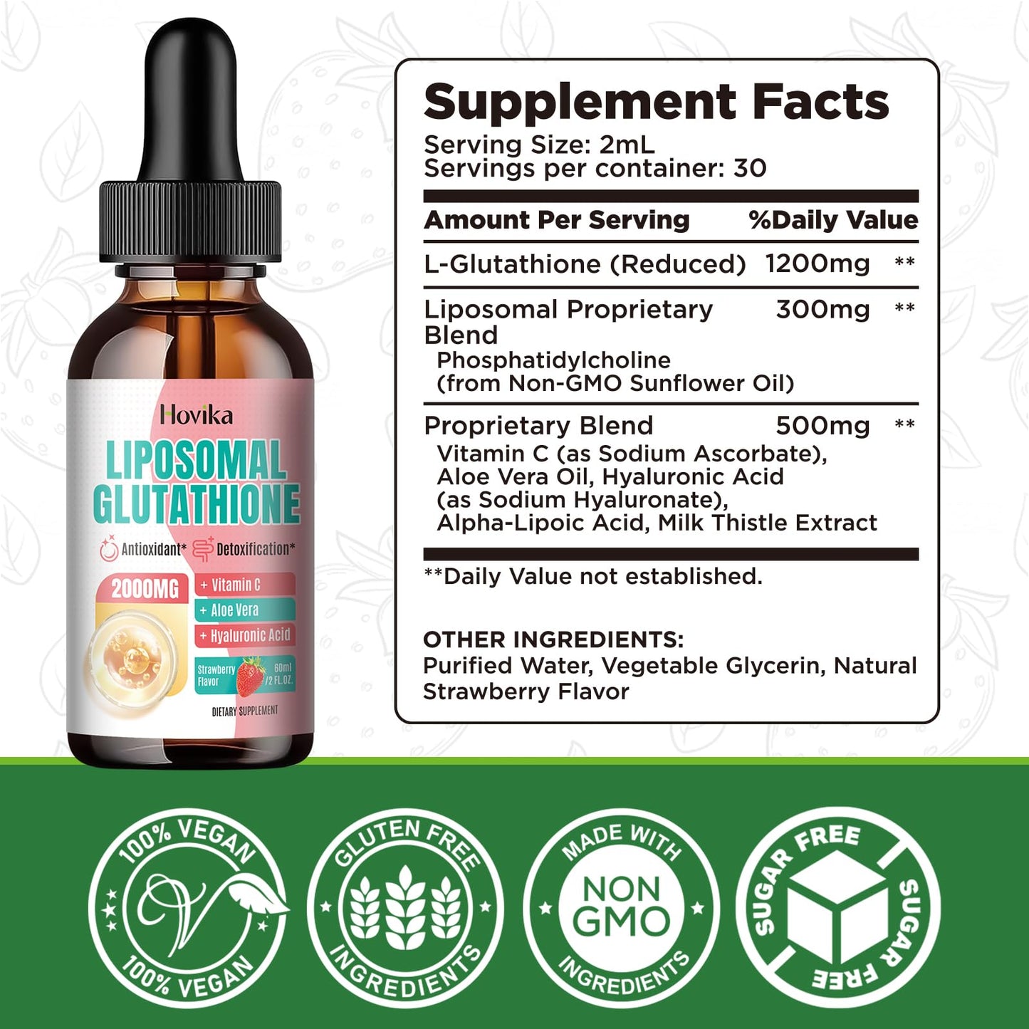 Liposomal Glutathione 2000mg Liquid Drops – Strawberry 2oz | Immune Support, Skin Health, Liver Detox