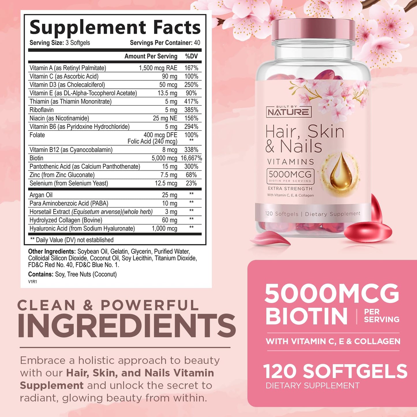 Hair Skin & Nails Vitamins 5000mcg Biotin with Collagen & Hyaluronic Acid – 120 Softgels