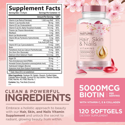 Hair Skin & Nails Vitamins 5000mcg Biotin with Collagen & Hyaluronic Acid – 120 Softgels