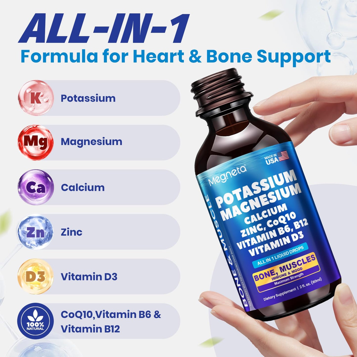 Potassium Magnesium Calcium Zinc Liquid Complex with D3, B6, B12 & CoQ10 | Chelated Minerals for Heart, Bones, Sleep & Anti-Aging | 2 fl oz