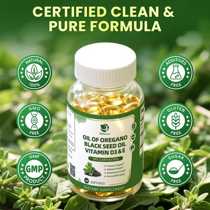 Organic Oregano Oil Capsules + Black Seed Oil | 99% Carvacrol, 180 Softgels