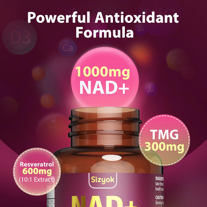 NAD Supplement 1100mg + Resveratrol 600mg | Liposomal NAD+ Capsules with Pterostilbene & Quercetin - Sizyok