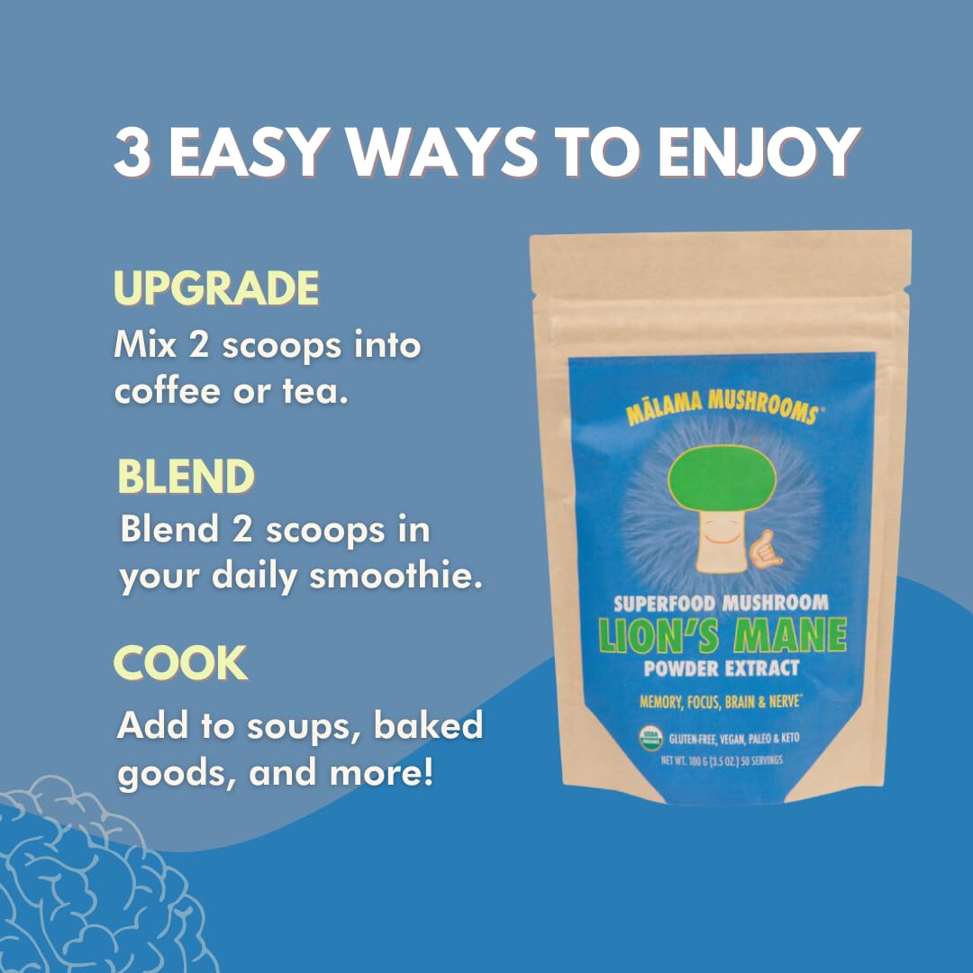 Lion's Mane Extract Powder by Malama - Organic Fruiting Body Mushroom, Focus & Memory