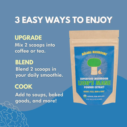 Lion's Mane Extract Powder by Malama - Organic Fruiting Body Mushroom, Focus & Memory