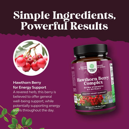 High Strength Hawthorn Berry Capsules - 4:1 Leaf & Flower Extract for Heart Health | 120 Count