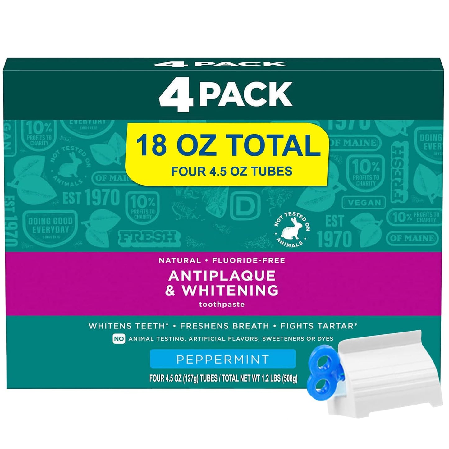 Antiplaque & Whitening Toothpaste – Peppermint – Fluoride-Free 4 Pack | 18 oz Total | Zinc Citrate & Xylitol