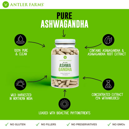 Antler Farms Ashwagandha 130 Capsules | 1200mg, 5% Withanolides