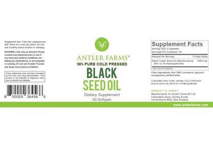 Antler Farms Black Seed Oil Softgels – 60 Softgels, 500mg, 2% Thymoquinone, Virgin Cold-Pressed Turkish Nigella Sativa