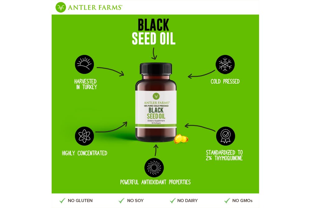 Antler Farms Black Seed Oil Softgels – 60 Softgels, 500mg, 2% Thymoquinone, Virgin Cold-Pressed Turkish Nigella Sativa