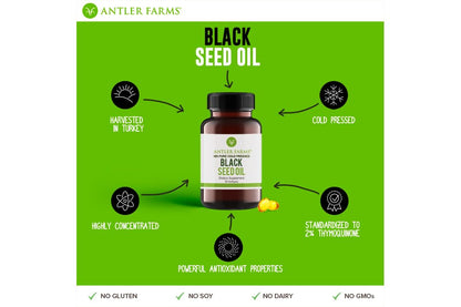 Antler Farms Black Seed Oil Softgels – 60 Softgels, 500mg, 2% Thymoquinone, Virgin Cold-Pressed Turkish Nigella Sativa