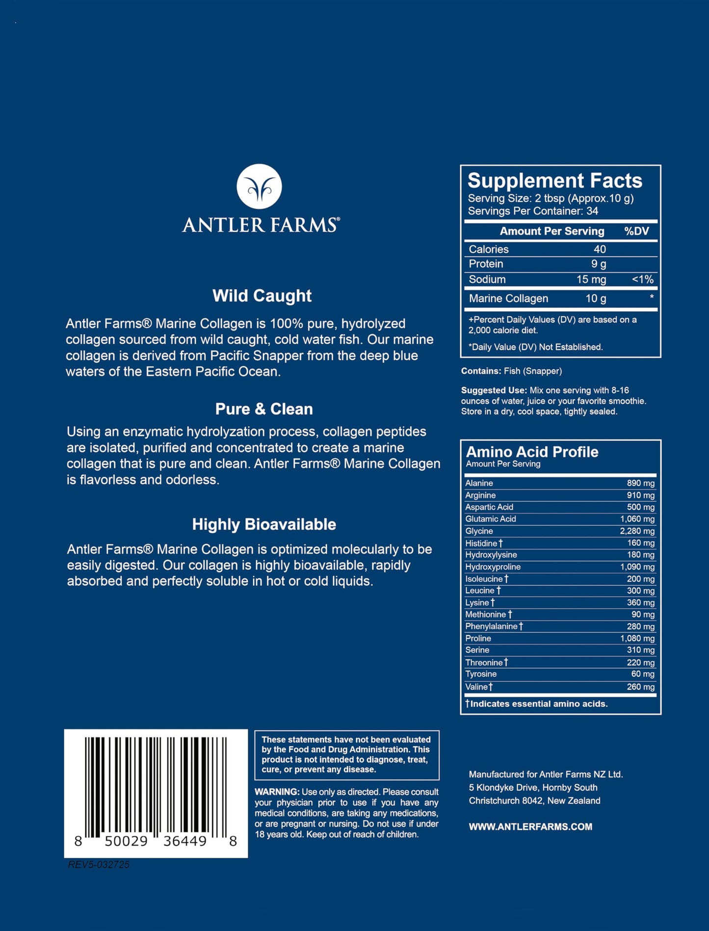 Antler Farms Marine Collagen Powder – 100% Pure, Wild-Caught Pacific Snapper, 12 oz
