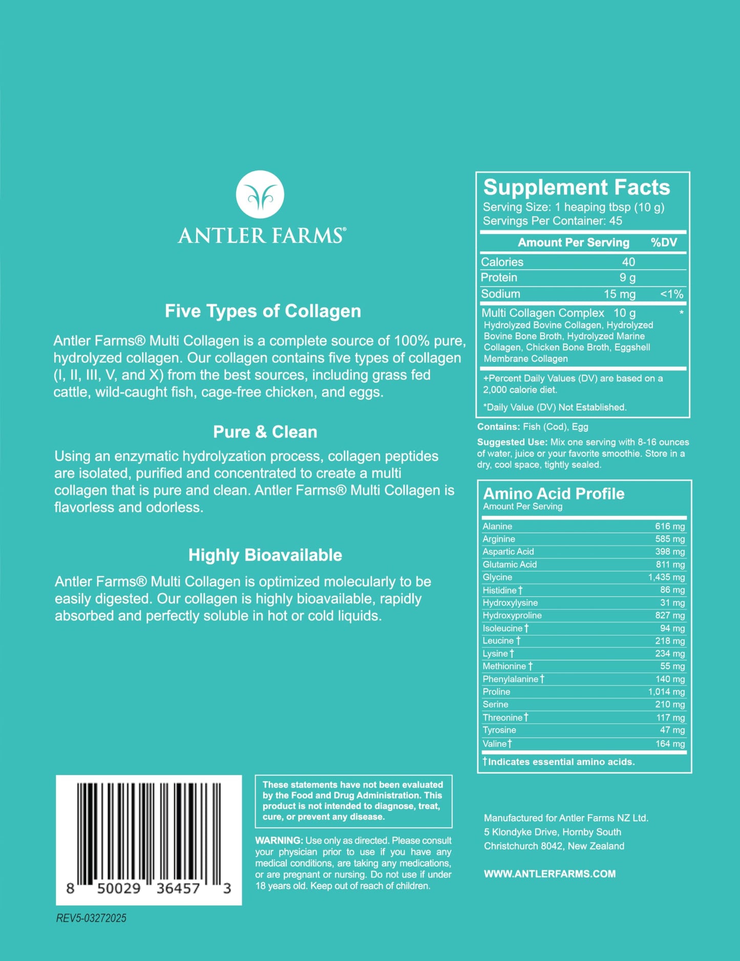 Antler Farms Multi Collagen Protein Powder – 5 Types (I, II, III, V, X) 1 lb