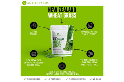Antler Farms Wheatgrass Powder 200g – 100% Pure Organic NZ, 40 Servings