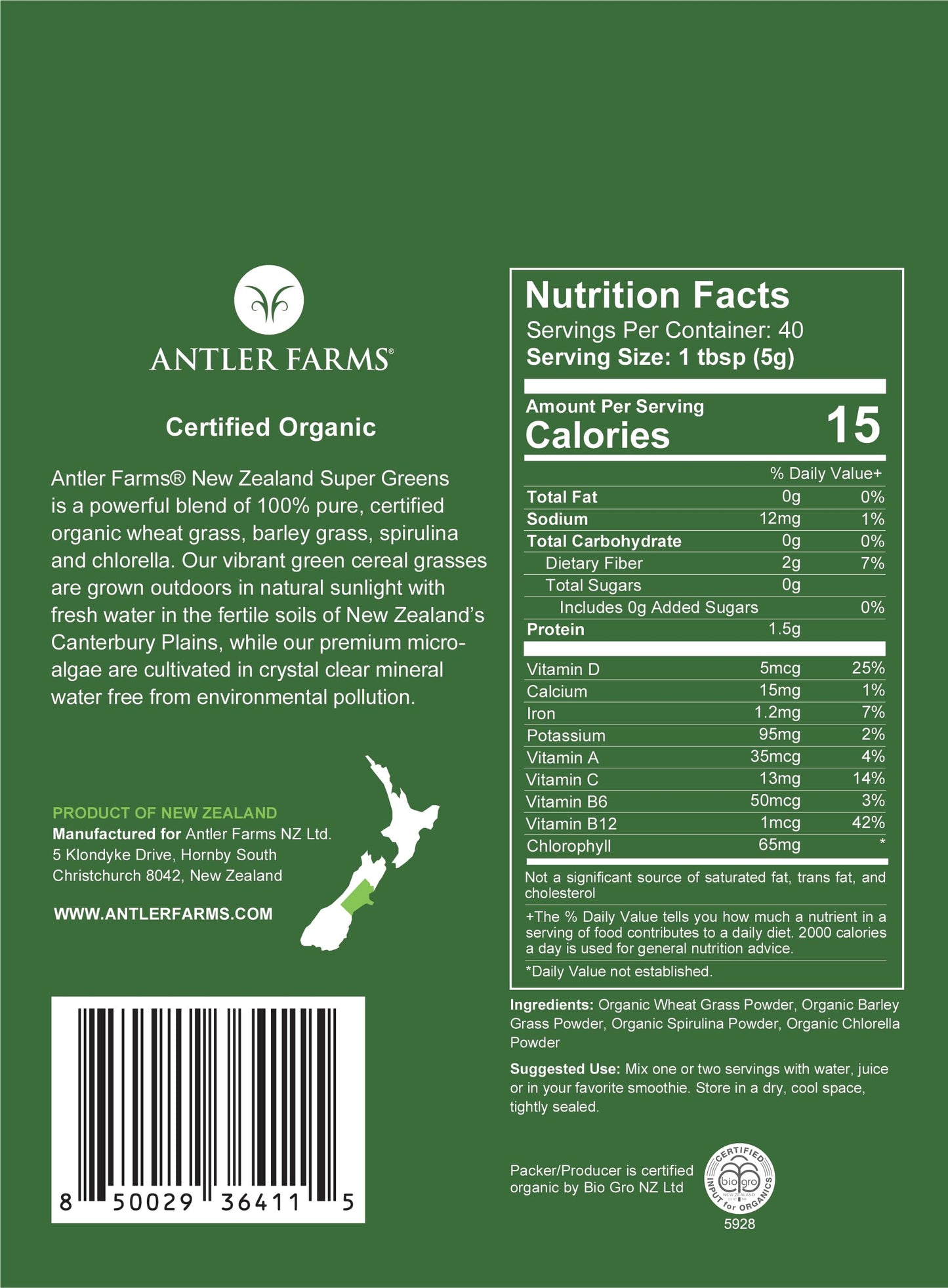 Antler Farms 100% Organic NZ Super Greens Powder – 200g, 40 Servings | Vegan, Gluten Free