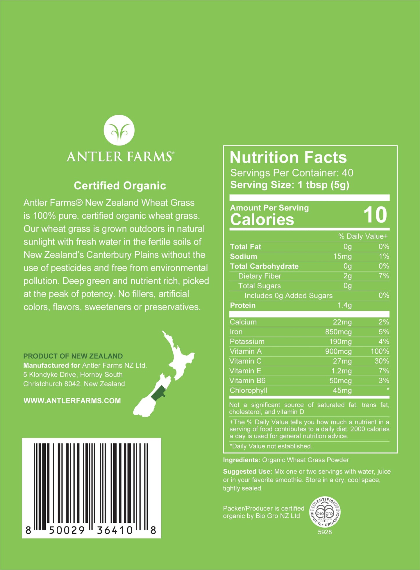 Antler Farms Wheatgrass Powder 200g – 100% Pure Organic NZ, 40 Servings