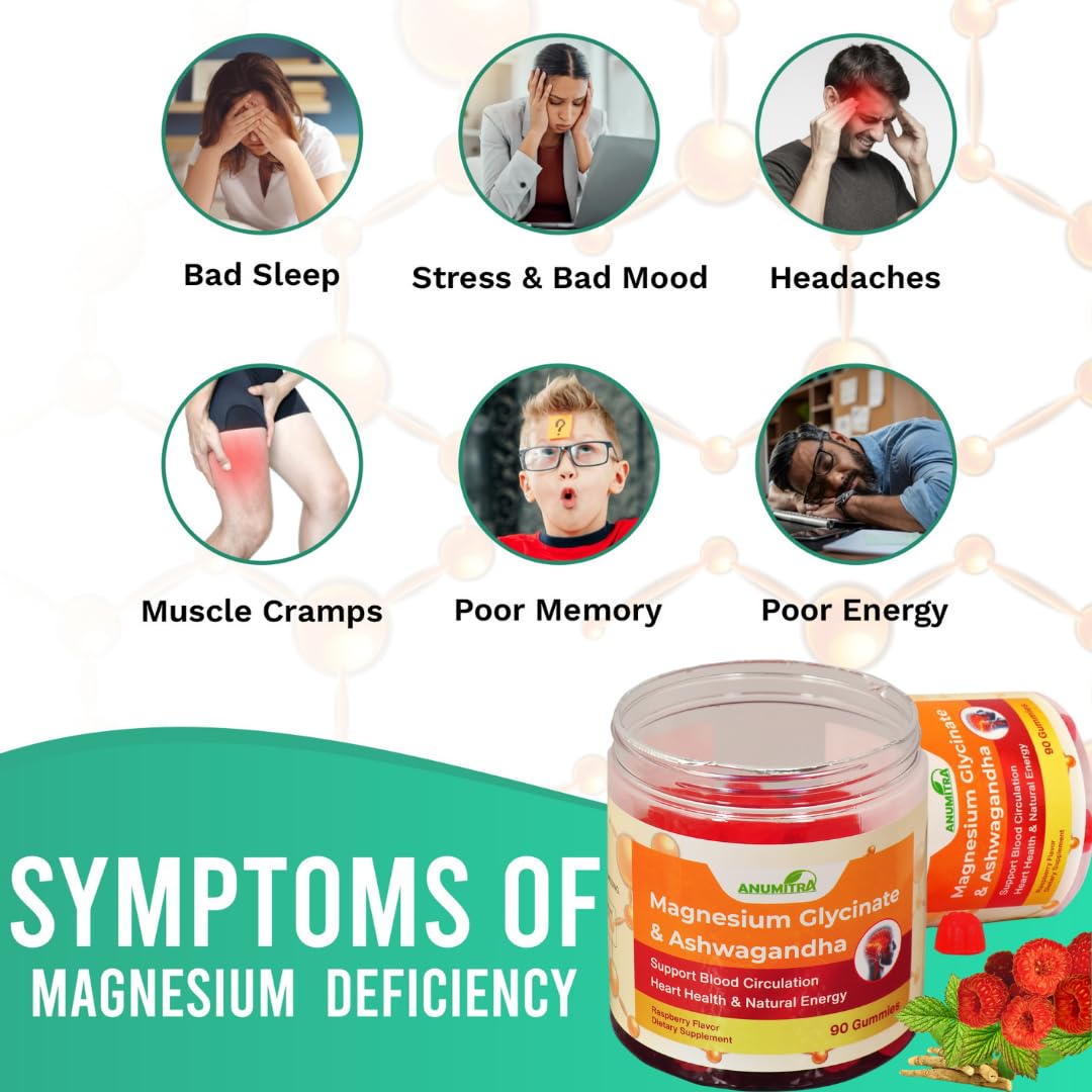 ANUMITRA Magnesium Glycinate + Ashwagandha Gummies 1000mg – Sugar-Free Raspberry, 90 Gummies