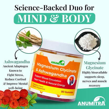 ANUMITRA Magnesium Glycinate + Ashwagandha Gummies 1000mg – Sugar-Free Raspberry, 90 Gummies