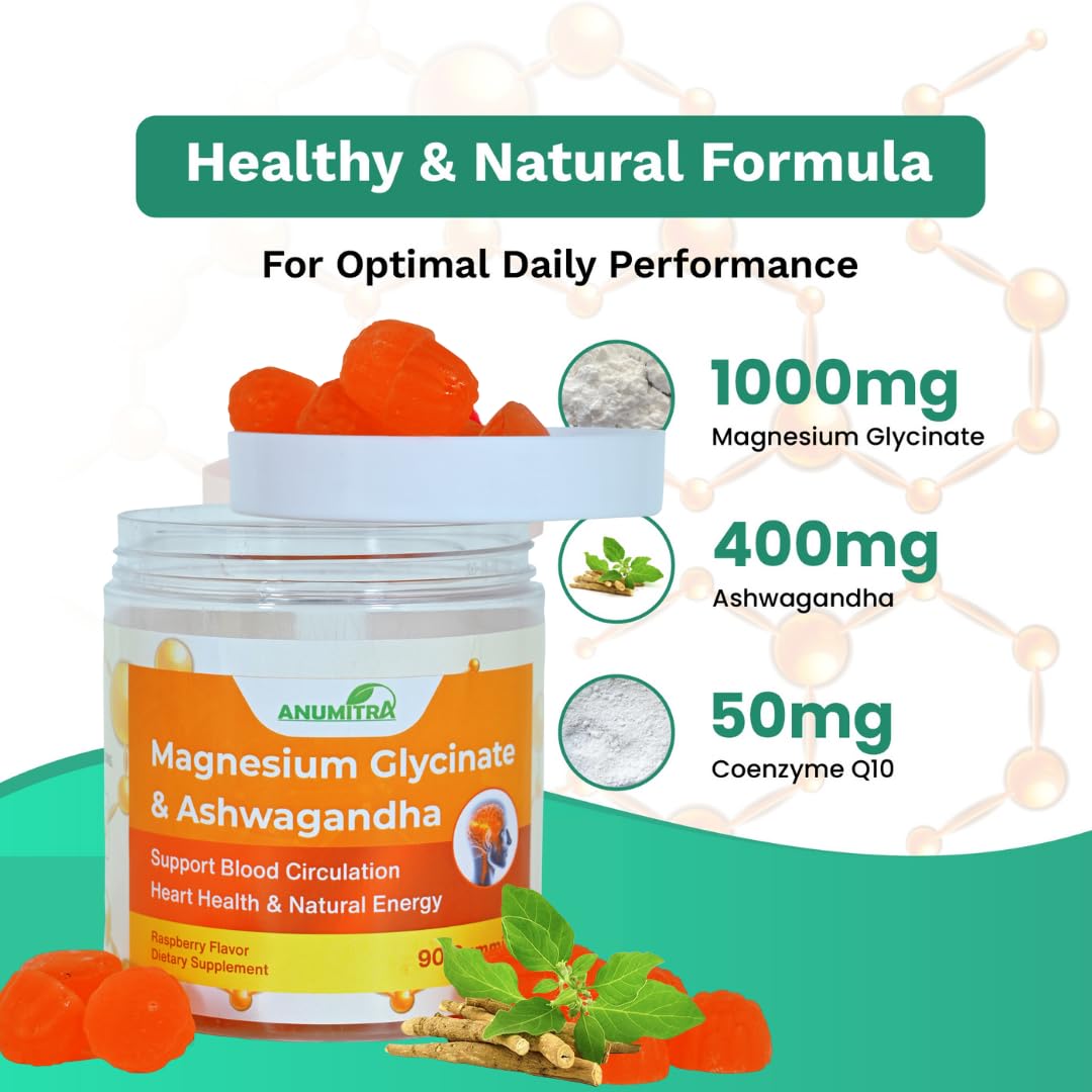 ANUMITRA Magnesium Glycinate + Ashwagandha Gummies 1000mg – Sugar-Free Raspberry, 90 Gummies