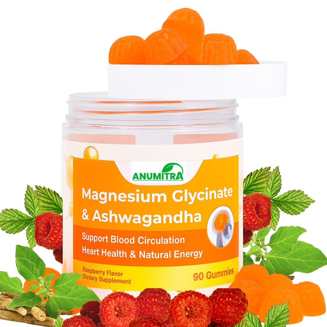 ANUMITRA Magnesium Glycinate + Ashwagandha Gummies 1000mg – Sugar-Free Raspberry, 90 Gummies