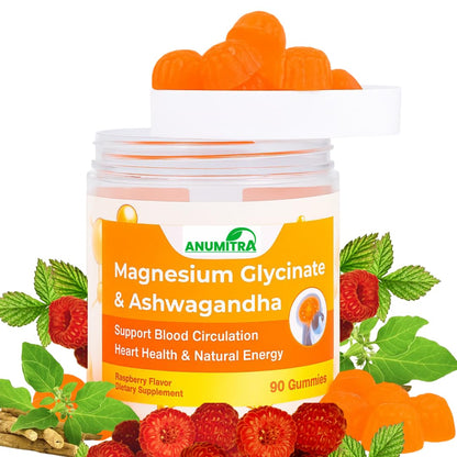 ANUMITRA Magnesium Glycinate + Ashwagandha Gummies 1000mg – Sugar-Free Raspberry, 90 Gummies