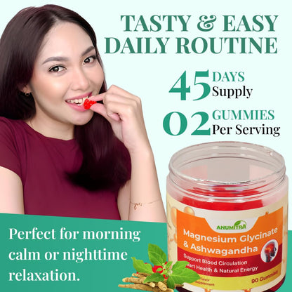 ANUMITRA Magnesium Glycinate + Ashwagandha Gummies 1000mg – Sugar-Free Raspberry, 90 Gummies