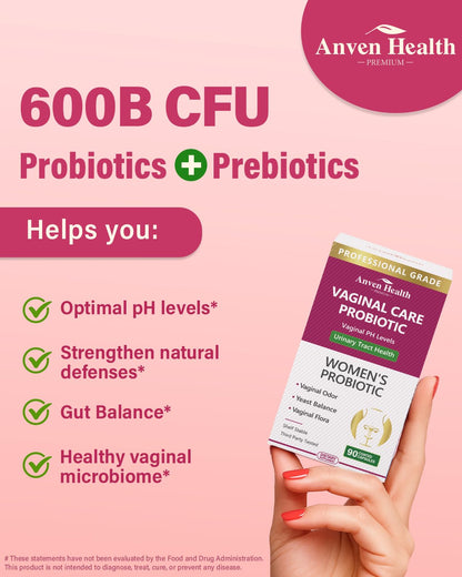 Anven Health Vaginal Probiotics – pH Balance, 60B CFU, Prebiotics, Cranberry | Vegan & Non-GMO, 90 Capsules