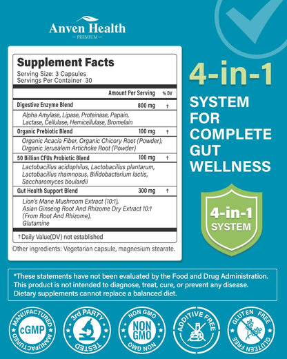 Anven Health 800mg Digestive Enzymes with Probiotics & Prebiotics, 90 Capsules (Non-GMO)