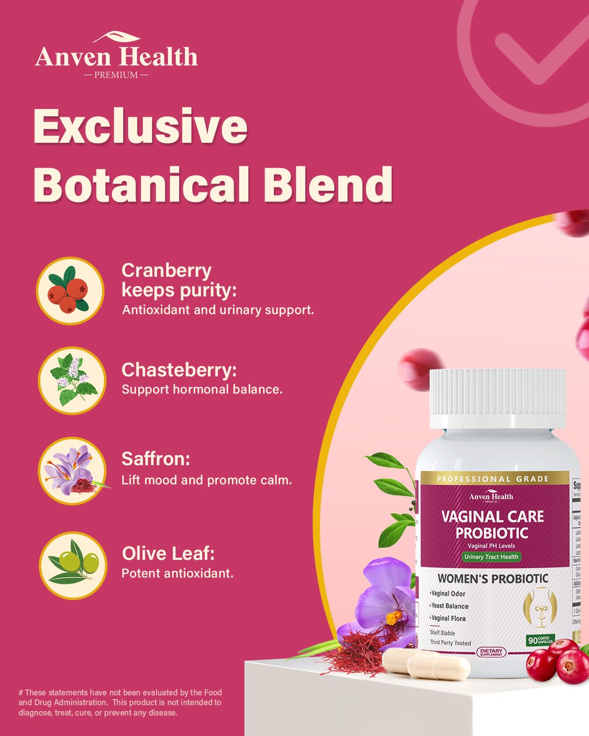 Anven Health Vaginal Probiotics – pH Balance, 60B CFU, Prebiotics, Cranberry | Vegan & Non-GMO, 90 Capsules