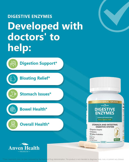 Anven Health 800mg Digestive Enzymes with Probiotics & Prebiotics, 90 Capsules (Non-GMO)