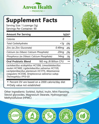 Anven Health Oral Probiotics Lozenges - Bad Breath & Gum Repair (90 Lozenges, Mint, Sugar-Free)