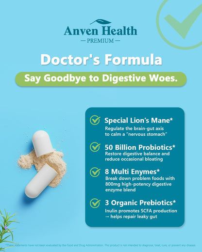 Anven Health 800mg Digestive Enzymes with Probiotics & Prebiotics, 90 Capsules (Non-GMO)