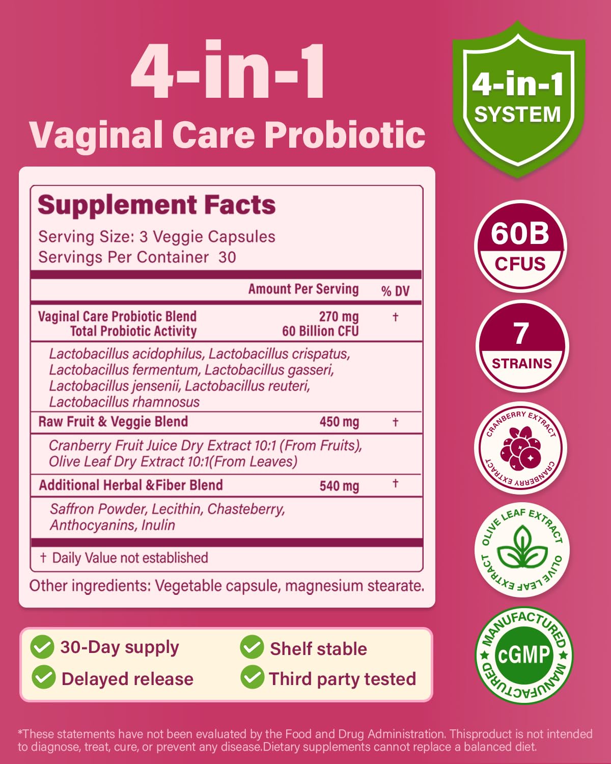 Anven Health Vaginal Probiotics – pH Balance, 60B CFU, Prebiotics, Cranberry | Vegan & Non-GMO, 90 Capsules