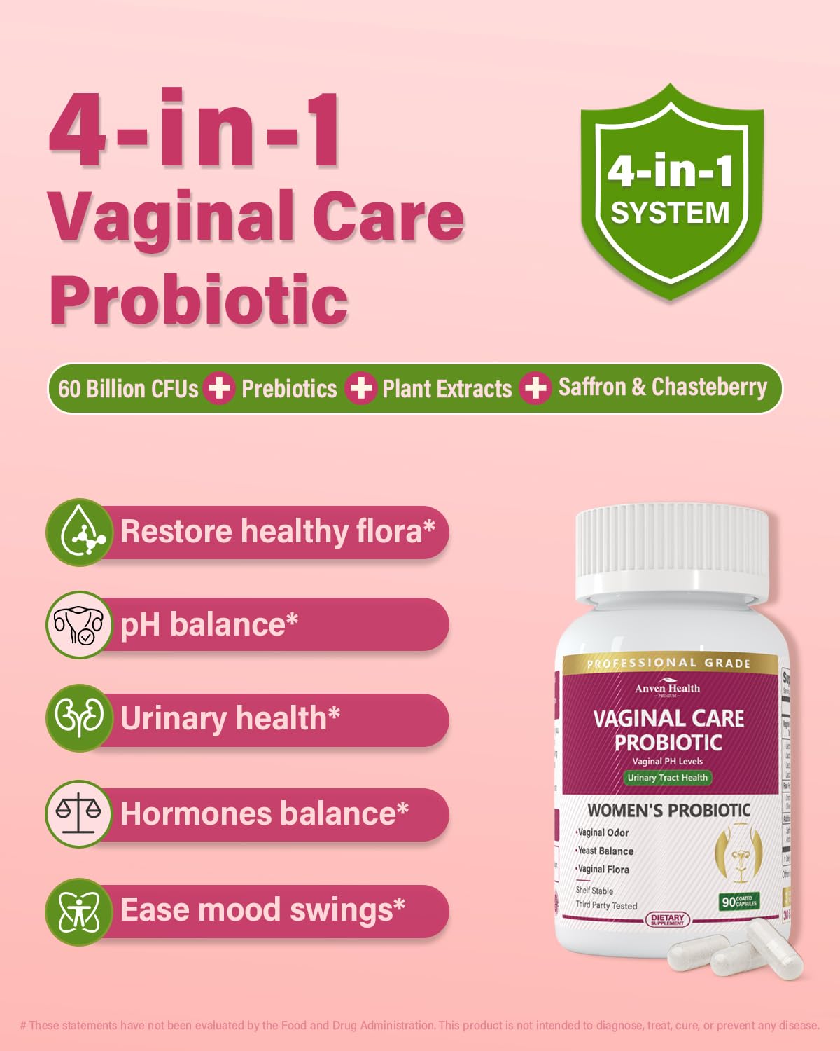 Anven Health Vaginal Probiotics – pH Balance, 60B CFU, Prebiotics, Cranberry | Vegan & Non-GMO, 90 Capsules