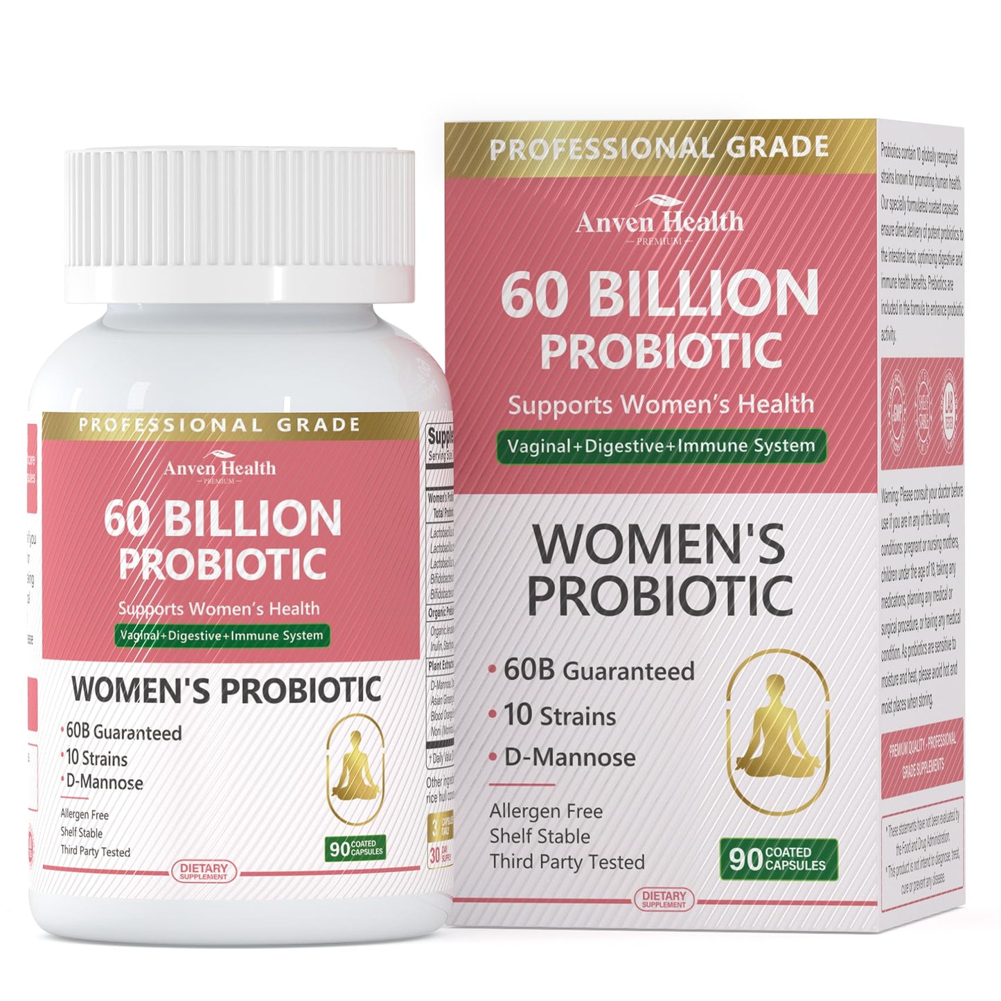 Anven Health Probiotics & Organic Prebiotics for Women – 60 Billion CFU Vaginal Probiotics, Cranberry & D-Mannose | pH Balance & Urinary Health | 90 Caps