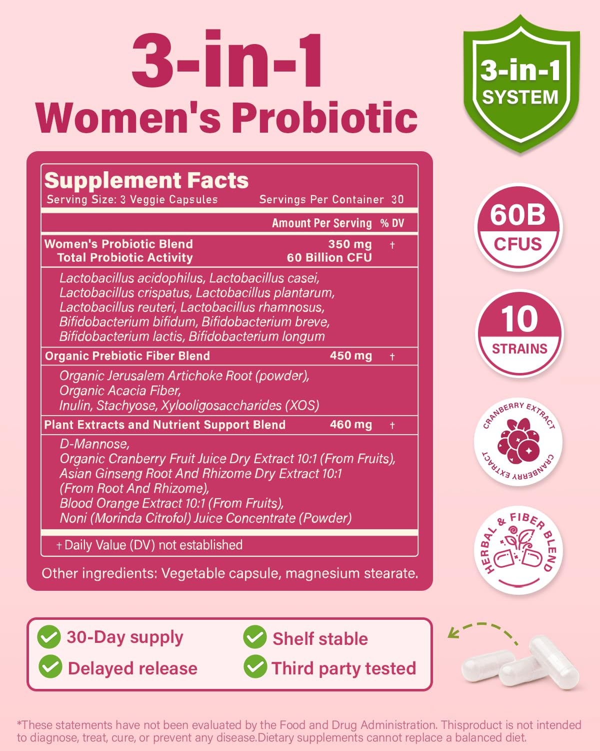 Anven Health Probiotics & Organic Prebiotics for Women – 60 Billion CFU Vaginal Probiotics, Cranberry & D-Mannose | pH Balance & Urinary Health | 90 Caps