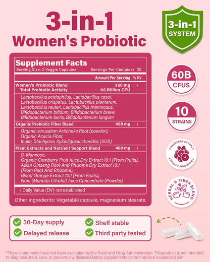 Anven Health Probiotics & Organic Prebiotics for Women – 60 Billion CFU Vaginal Probiotics, Cranberry & D-Mannose | pH Balance & Urinary Health | 90 Caps