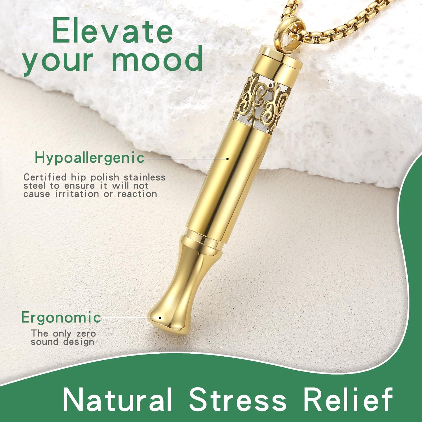 Anxiety Relief Pendant - Mindfulness Breathing Necklace & Essential Oil Diffuser (Gold)
