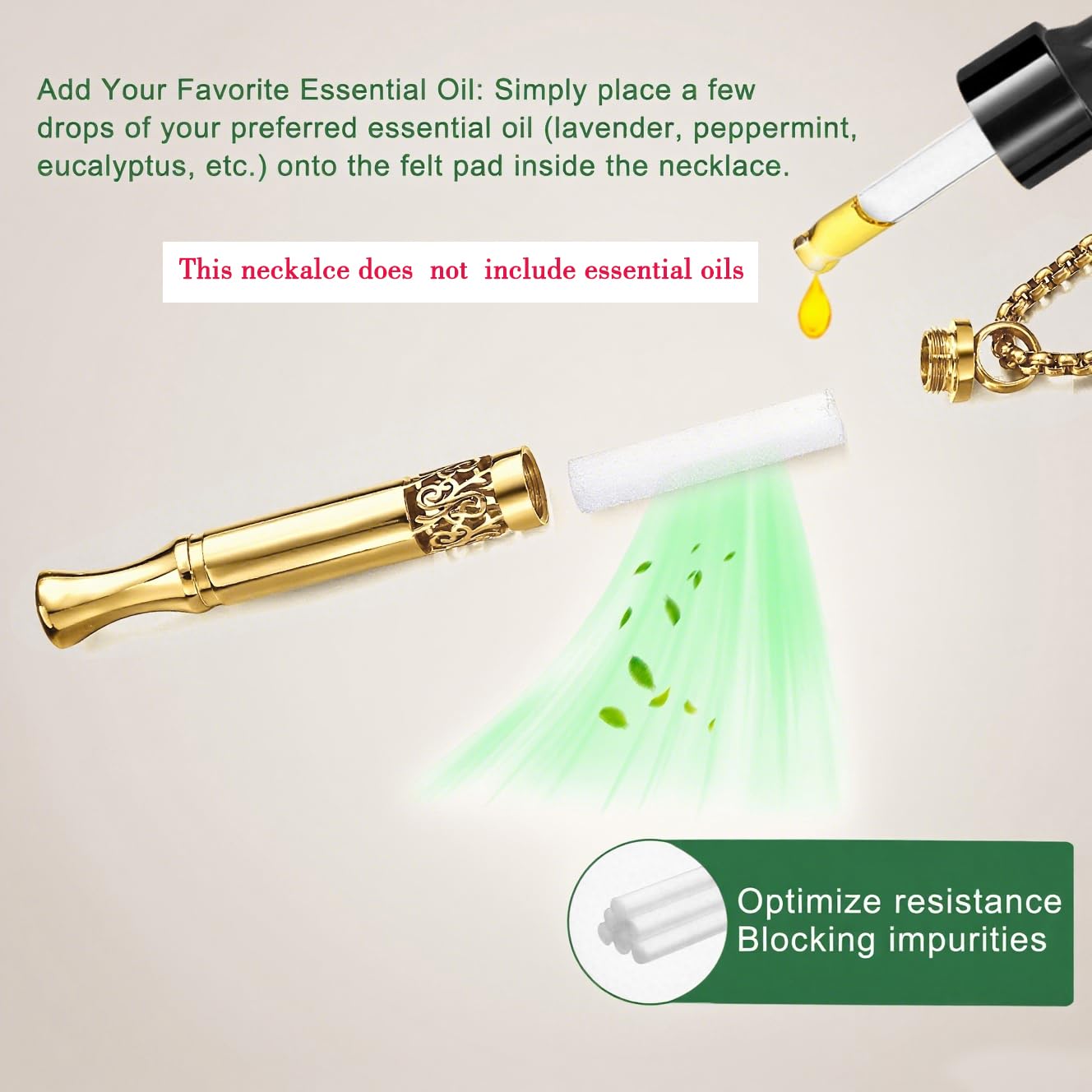 Anxiety Relief Pendant - Mindfulness Breathing Necklace & Essential Oil Diffuser (Gold)