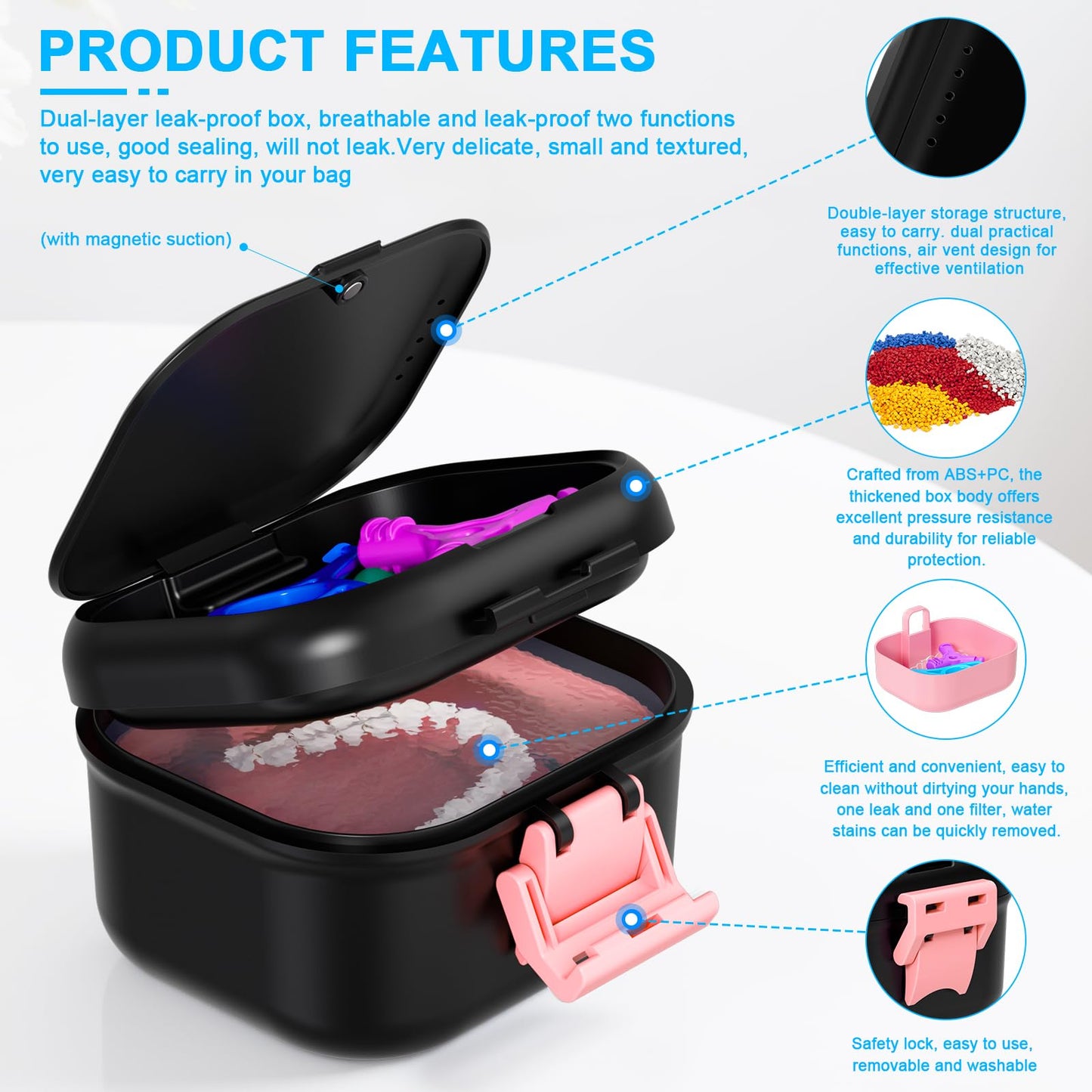 ANYLEY Leak-Proof Denture Case – Travel Cup with Strainer (Black/Pink)