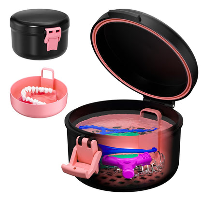 ANYLEY Denture Cup – Leak-Proof Travel Denture Bath Case (Black & Pink)