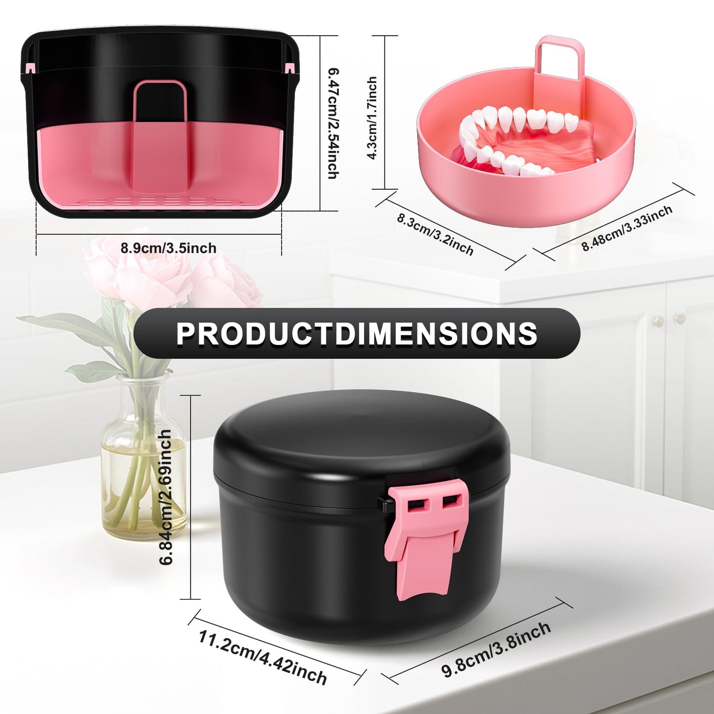 ANYLEY Denture Cup – Leak-Proof Travel Denture Bath Case (Black & Pink)