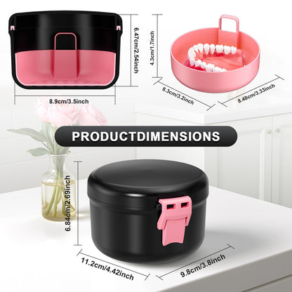 ANYLEY Denture Cup – Leak-Proof Travel Denture Bath Case (Black & Pink)