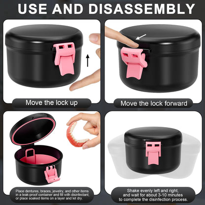 ANYLEY Denture Cup – Leak-Proof Travel Denture Bath Case (Black & Pink)
