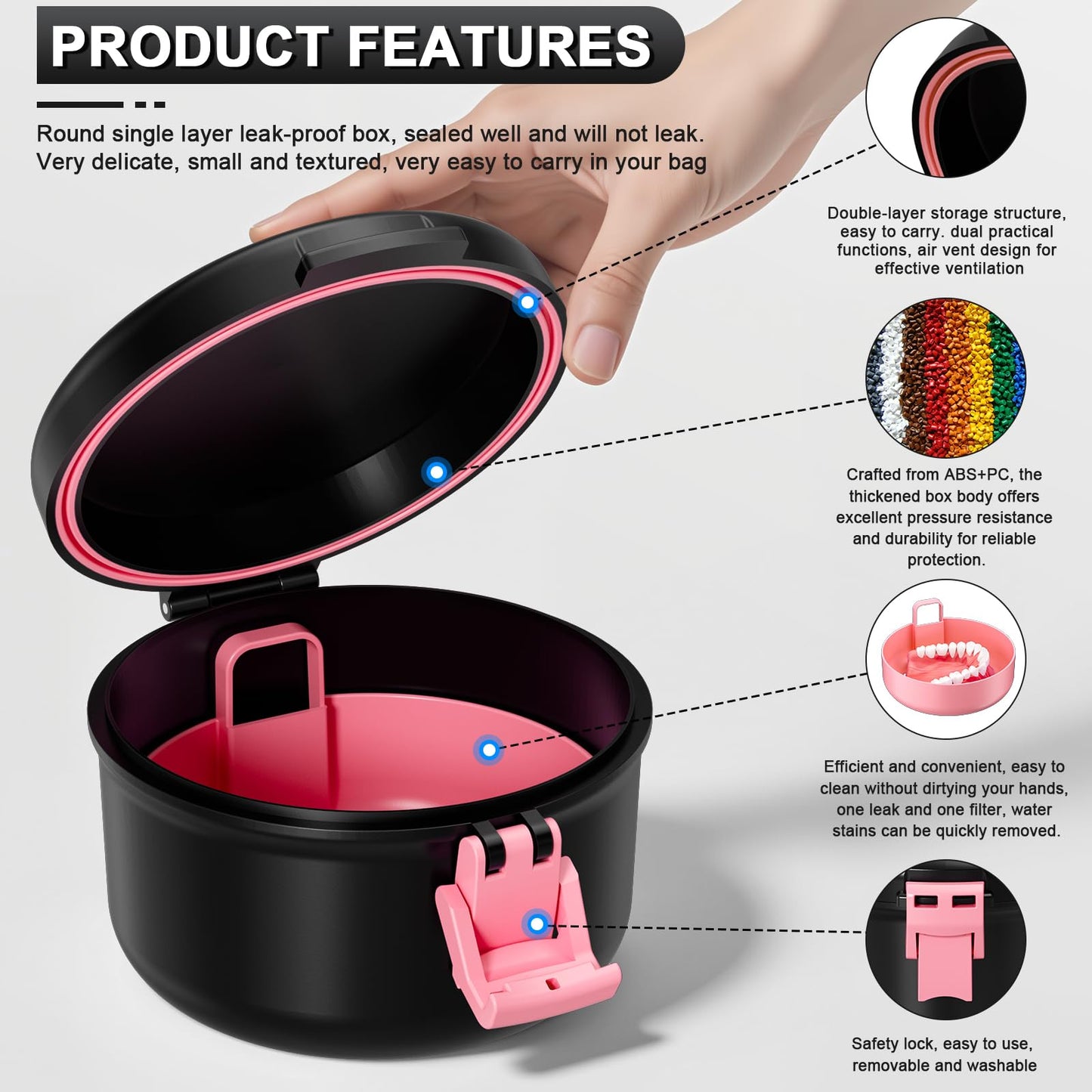 ANYLEY Denture Cup – Leak-Proof Travel Denture Bath Case (Black & Pink)