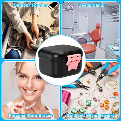 ANYLEY Leak-Proof Denture Case – Travel Cup with Strainer (Black/Pink)
