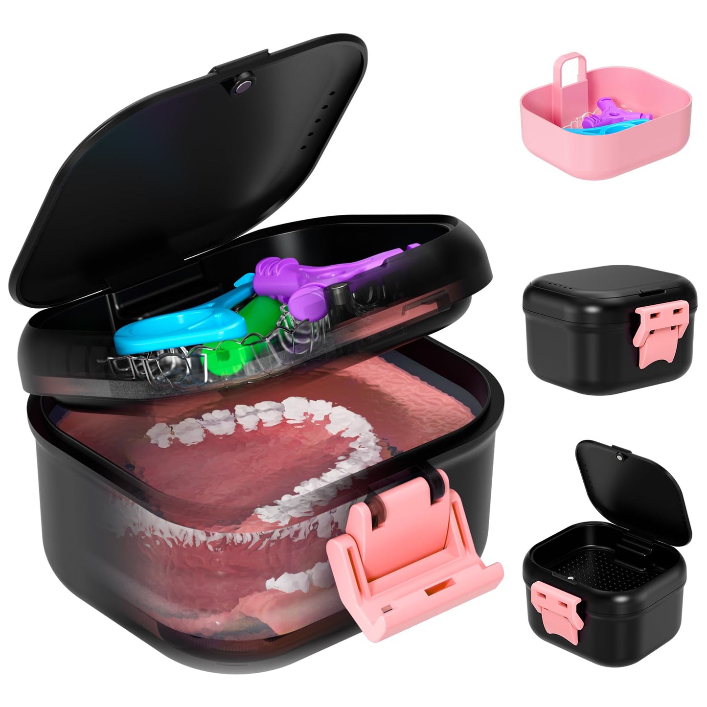 ANYLEY Leak-Proof Denture Case – Travel Cup with Strainer (Black/Pink)