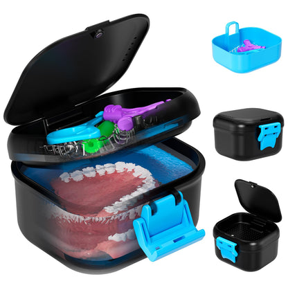 ANYLEY Leak-Proof Denture Cup & Travel Case – Double-Layer, Black & Blue