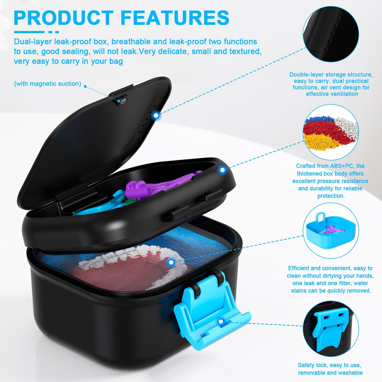 ANYLEY Leak-Proof Denture Cup & Travel Case – Double-Layer, Black & Blue