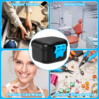 ANYLEY Leak-Proof Denture Cup & Travel Case – Double-Layer, Black & Blue